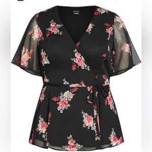 City Chic secret Crush Black Floral Wrap Blouse